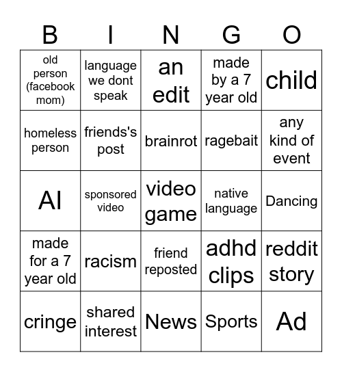 Tiktok bingo Card