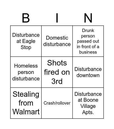 Boonville Bingo Card