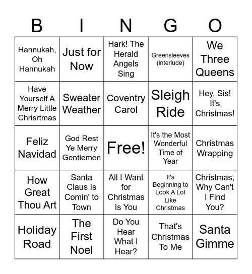 Christmas Hits Bingo Card