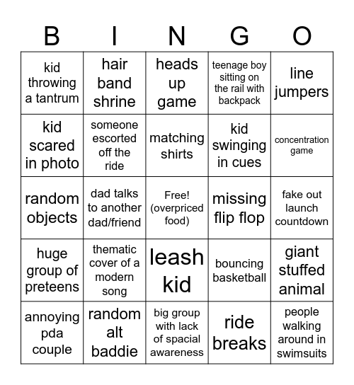 Amusement Park Bingo Card
