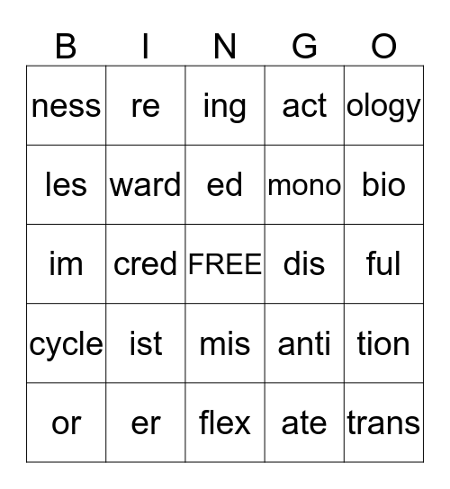 Word Parts Bingo Card