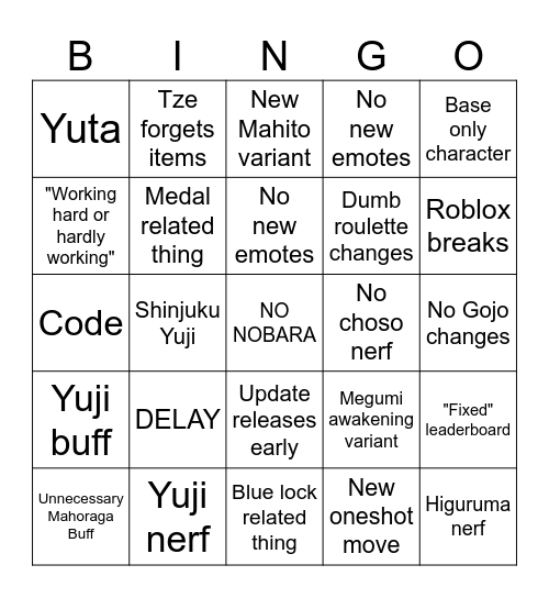 JJS UPDATE BINGO Card