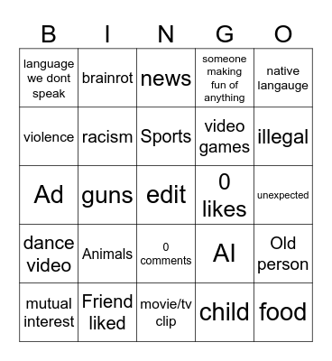 instagram bingo Card