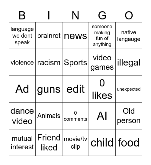 instagram bingo Card