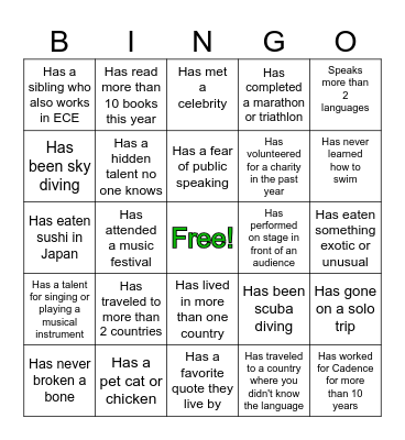 Team Specialty - Getting To Know You Edition Bingo Card
