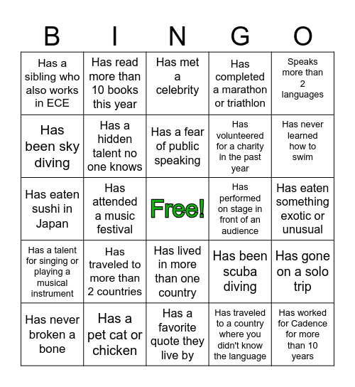 Team Specialty - Getting To Know You Edition Bingo Card