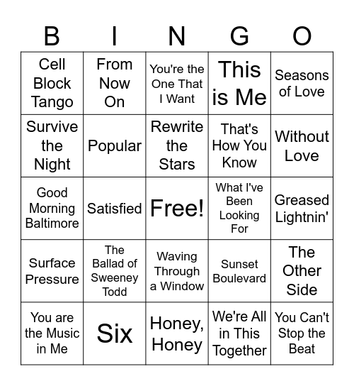 Musicals and Musical Movies Bingo Card