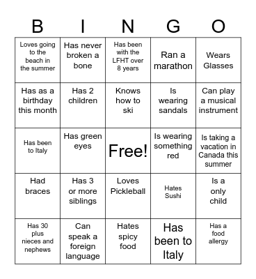 FHT & FHO Spring Picnic Bingo Card
