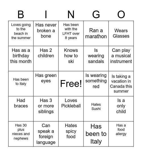 FHT & FHO Spring Picnic Bingo Card
