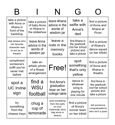Anna and Ahana's Grad Bingo! Bingo Card