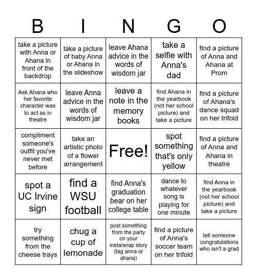 Anna and Ahana's Grad Bingo! Bingo Card
