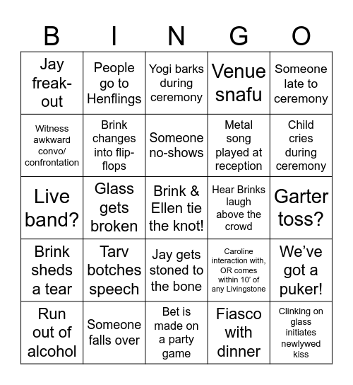 Brink Wedding Bingo Card
