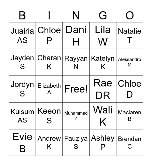 Child PAAL Name Bingo Card