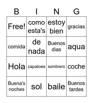 SPANISH WORDS Bingo Card