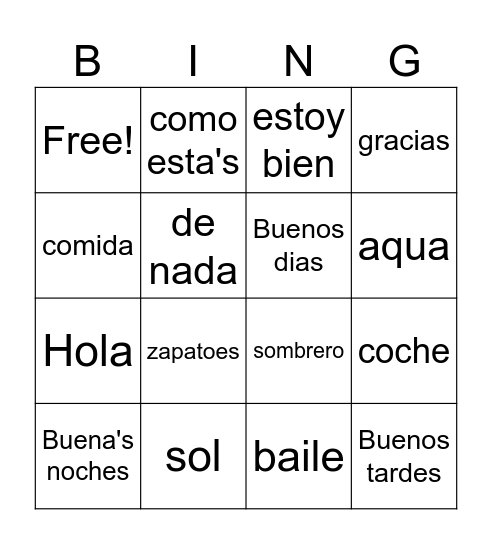 SPANISH WORDS Bingo Card