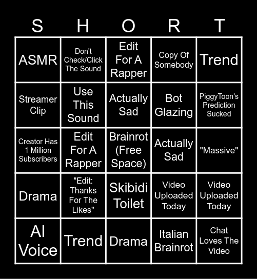 Youtube Shorts Bingo Card