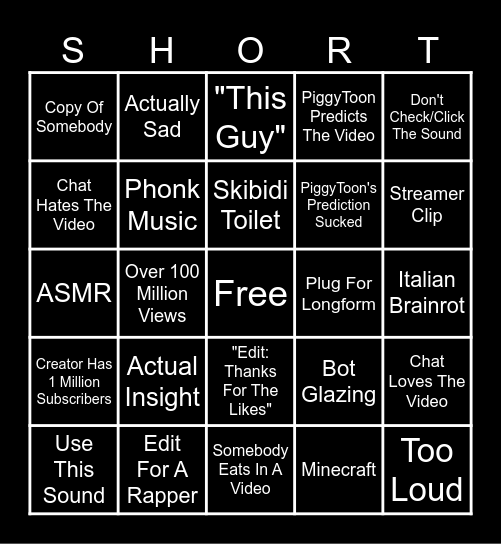 Youtube Shorts Bingo Card