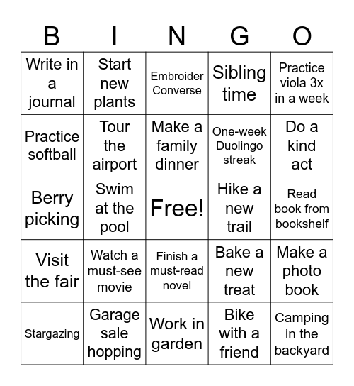 Summer Bingo Card