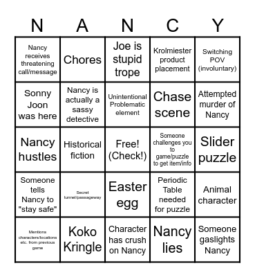 Nancy Drew Secret of the Bingo Game Bingo Card