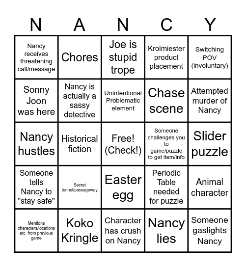 Nancy Drew Secret of the Bingo Game Bingo Card