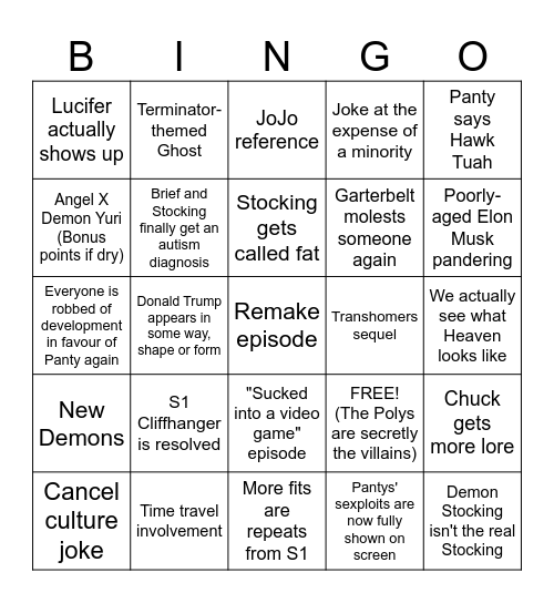 New Panty And Stocking Bingo Card