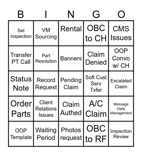 Shadow Bingo Card