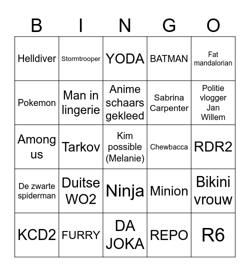 Comiccon Bingo Card