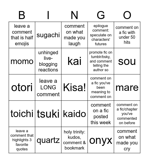 Feed the Fandom Fest: Comment Bingo Card