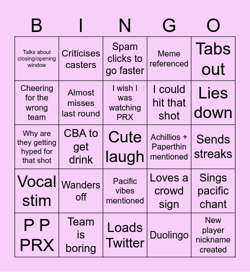 Niamh Watch Party Bingo Card