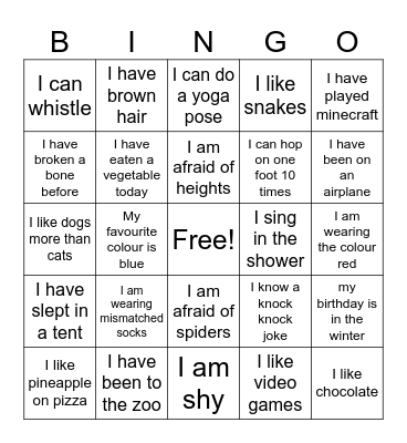 Fun facts about me! Bingo Card