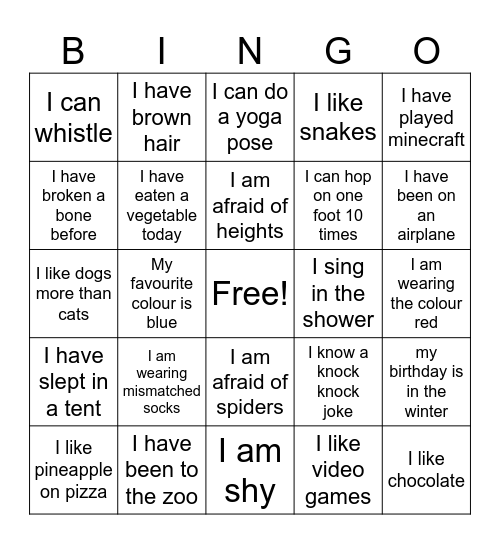 Fun facts about me! Bingo Card