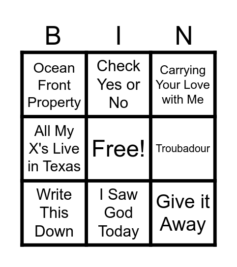 George Strait Bingo Card