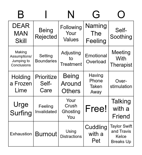 Crash Out/ Recovery BINGO Card