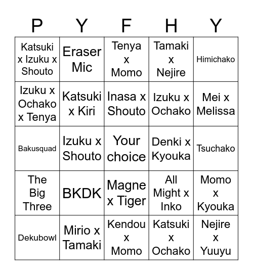 MHA Ship Bingo Card