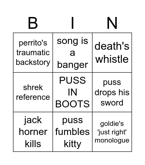 Puss in boots the last wish Bingo Card