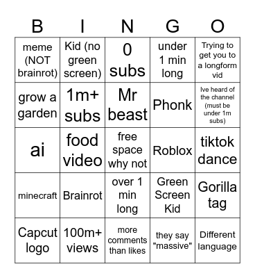 YT Shorts Bingo Card