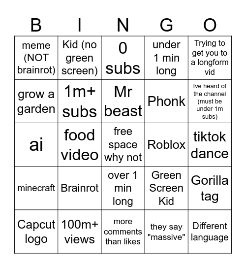 YT Shorts Bingo Card