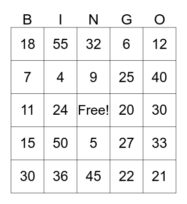 Multiplication Bingo Card