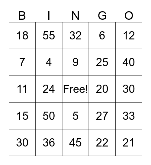 Multiplication Bingo Card