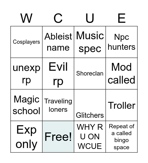 WC:UE Bingo Card