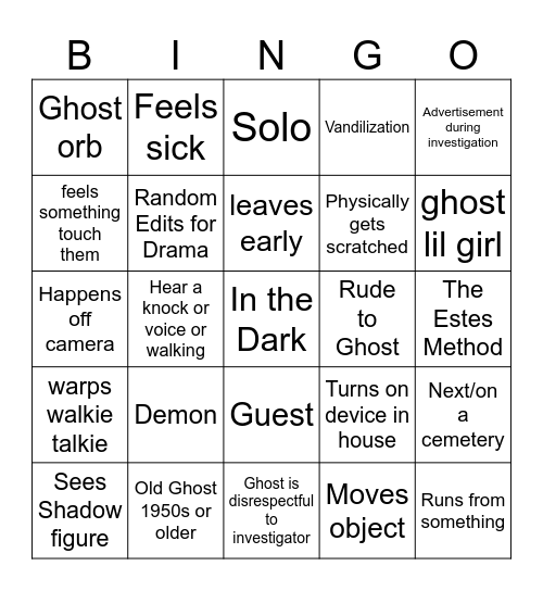 Ghost Investigation Bingo Card