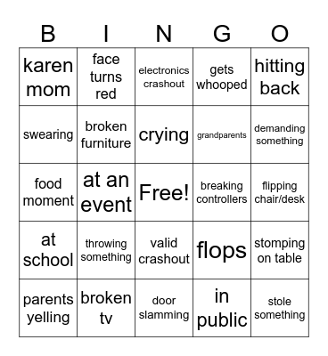 kids freaking out Bingo Card