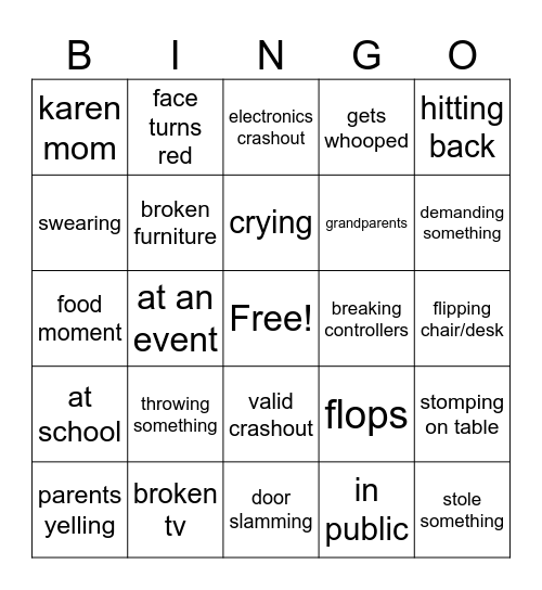 kids freaking out Bingo Card