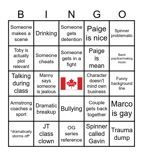 Degrassi:TNG Bingo Card
