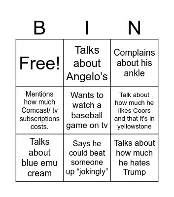 Joe Schueler Bingo Card