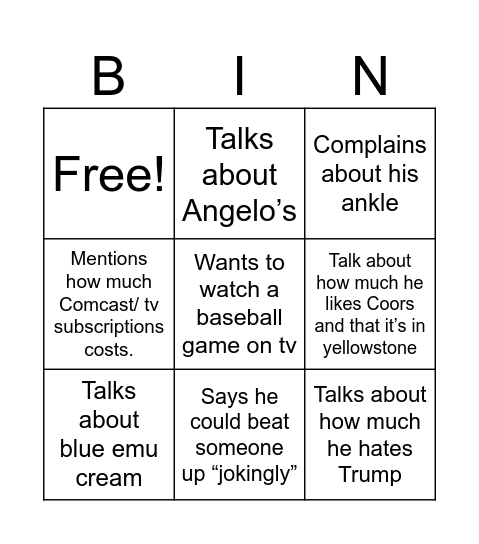 Joe Schueler Bingo Card