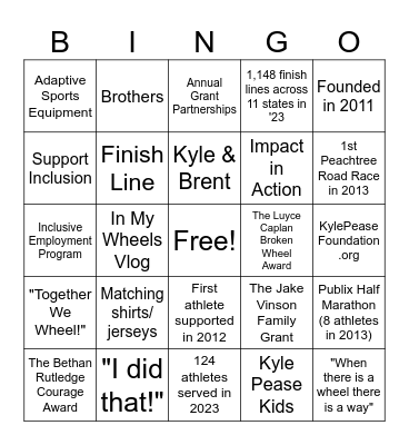 Kyle Pease Foundation Bingo Card