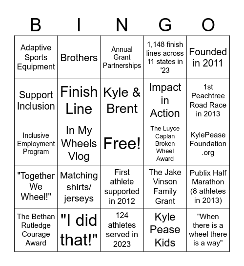 Kyle Pease Foundation Bingo Card