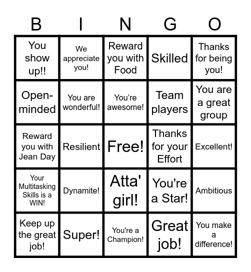 STAFF APPRECIATION Bingo Card