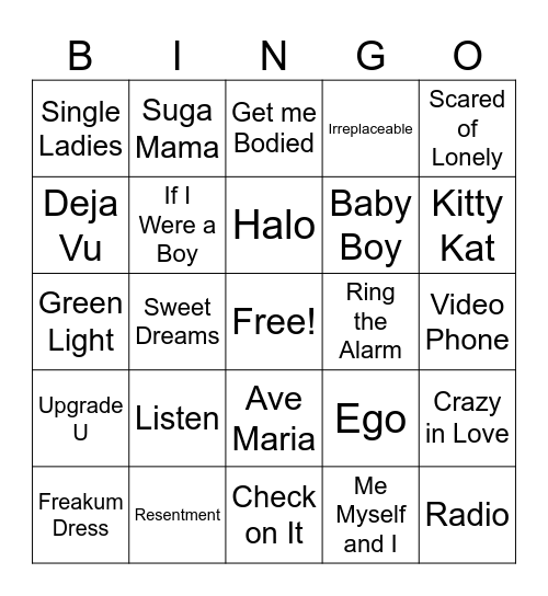 beyonce 1 Bingo Card